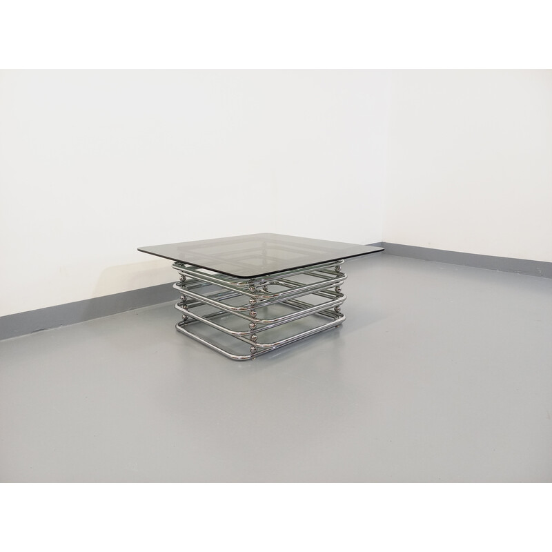 Table basse vintage carrée en verre fumé et métal chromé, 1970