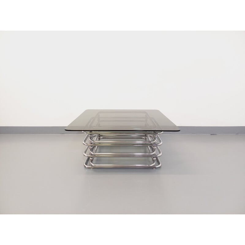 Vintage square coffee table in smoked glass and chromed metal, 1970