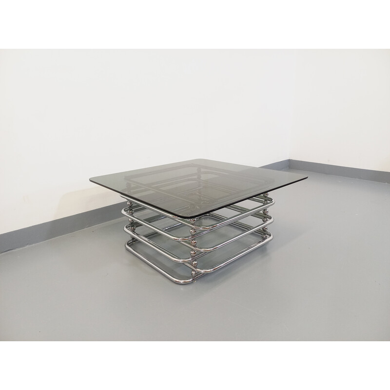 Table basse vintage carrée en verre fumé et métal chromé, 1970