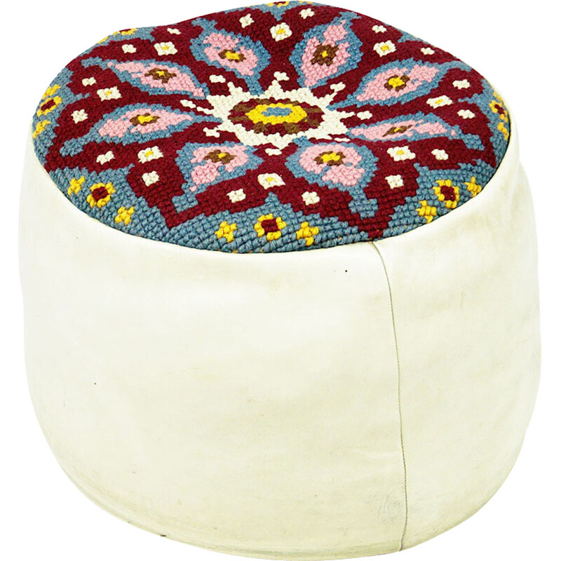 Pouf vintage en cuir blanc, France 1960