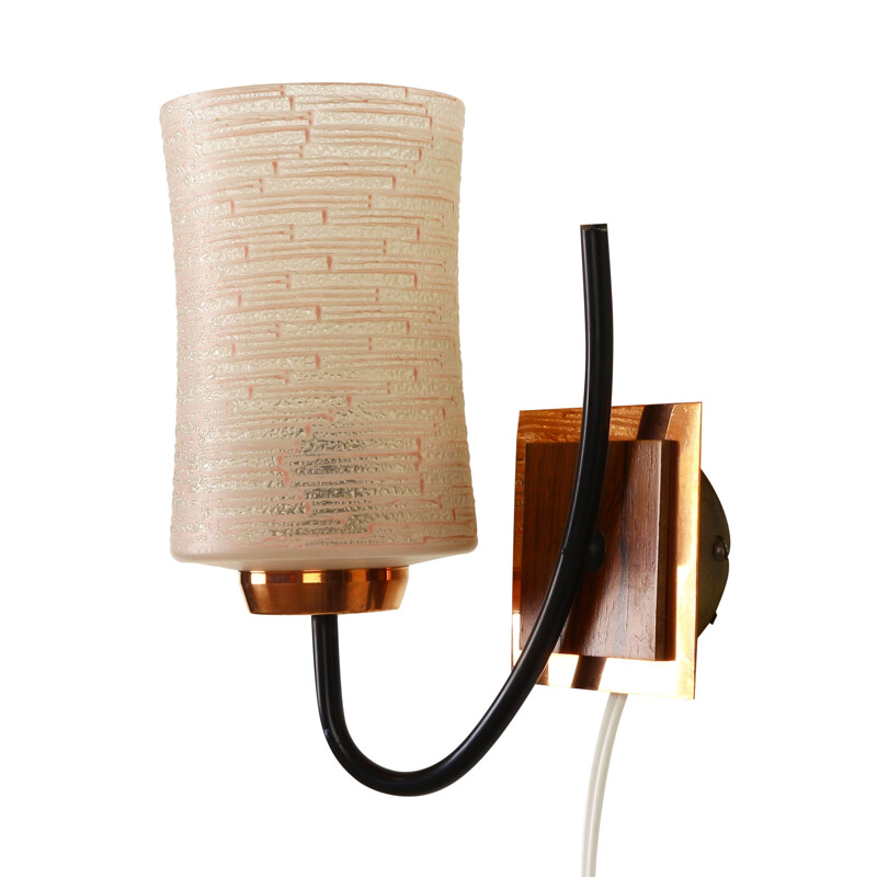 Pink relief glass wall light with copper and wooden details - 1960s