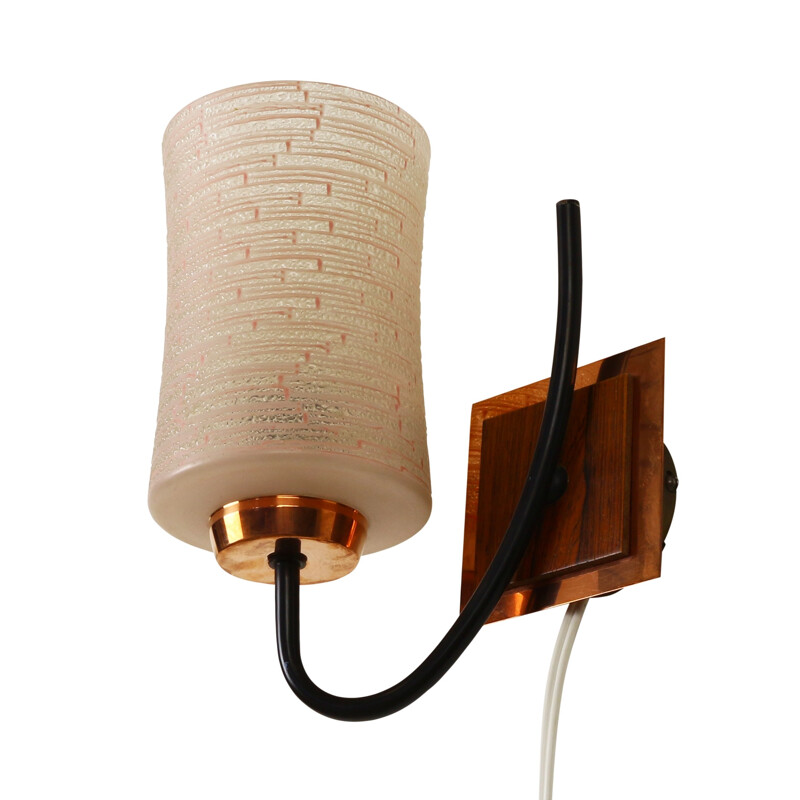 Pink relief glass wall light with copper and wooden details - 1960s