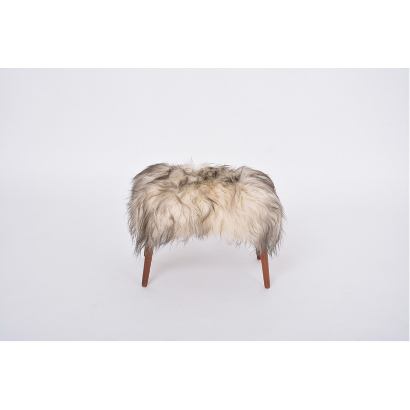 Vintage stool in wood and sheepskin, Denmark 1950