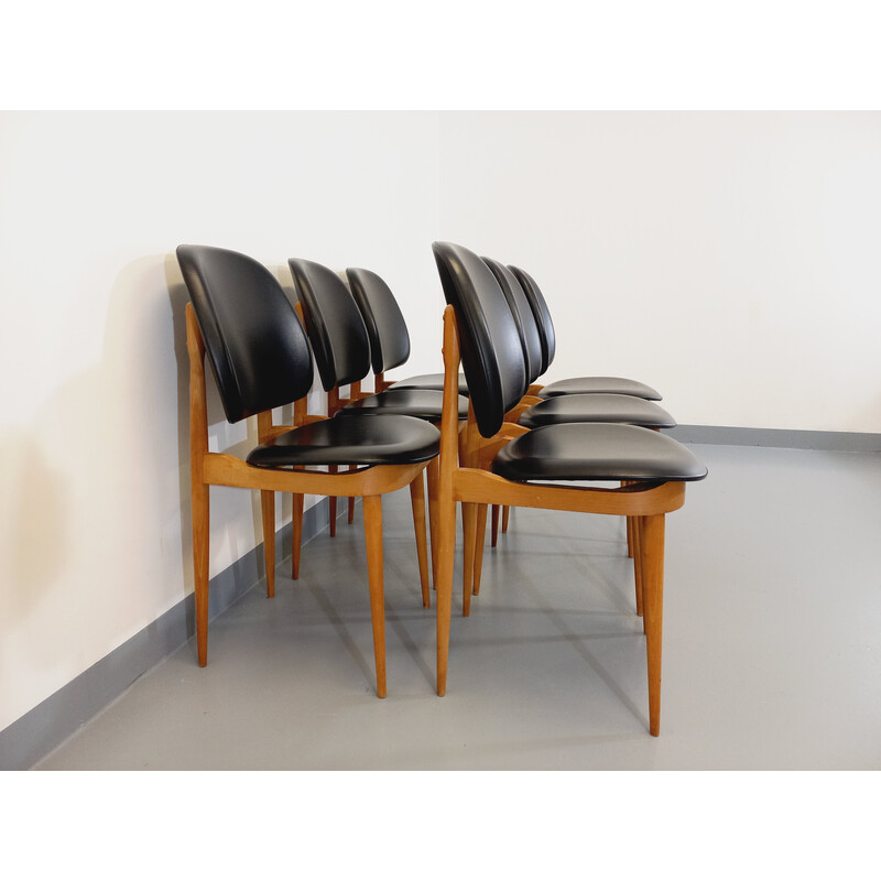 Set aus 6 Vintage Pegasus Stühlen aus Holz und Skai von Pierre Guariche, 1960