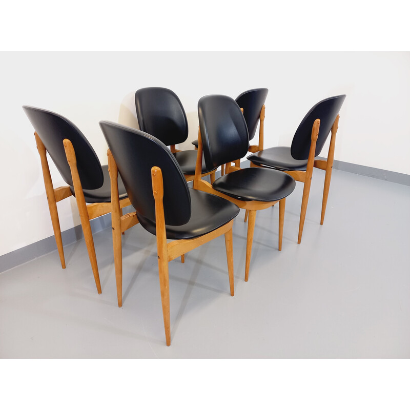 Conjunto de 6 cadeiras vintage Pegasus em madeira e skai de Pierre Guariche, 1960