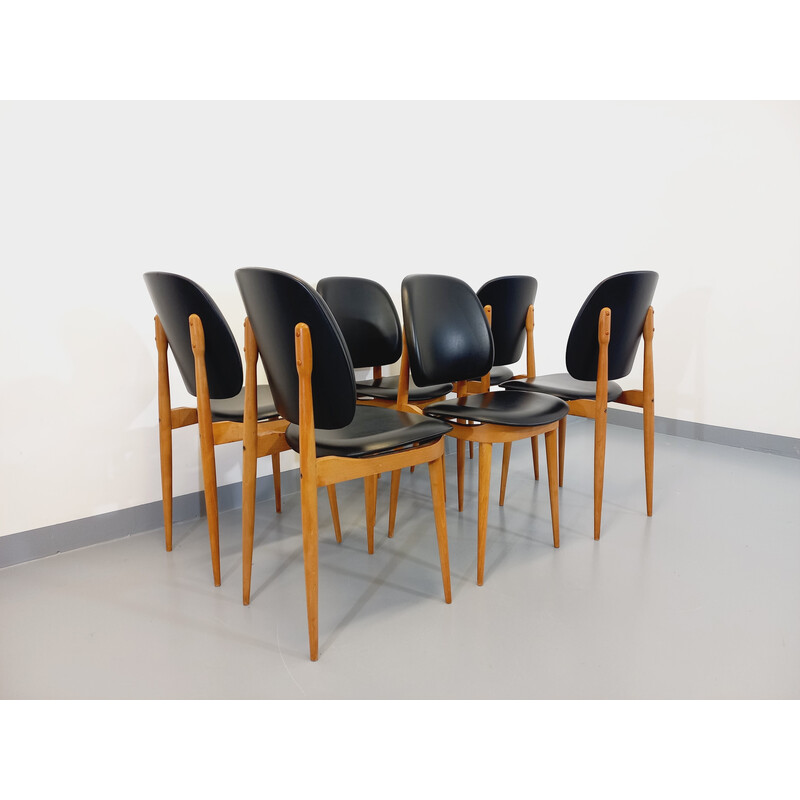 Set of 6 vintage Pegasus chairs in wood and leatherette by Pierre Guariche, 1960