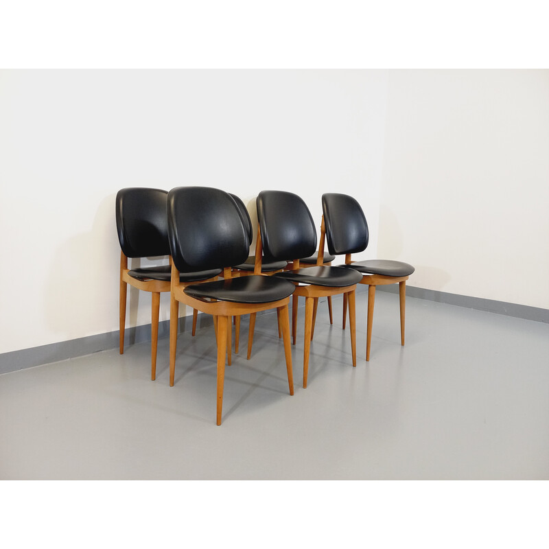 Set of 6 vintage Pegasus chairs in wood and leatherette by Pierre Guariche, 1960