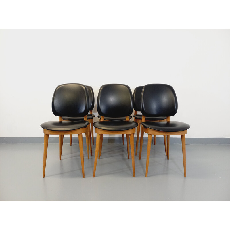 Set of 6 vintage Pegasus chairs in wood and leatherette by Pierre Guariche, 1960