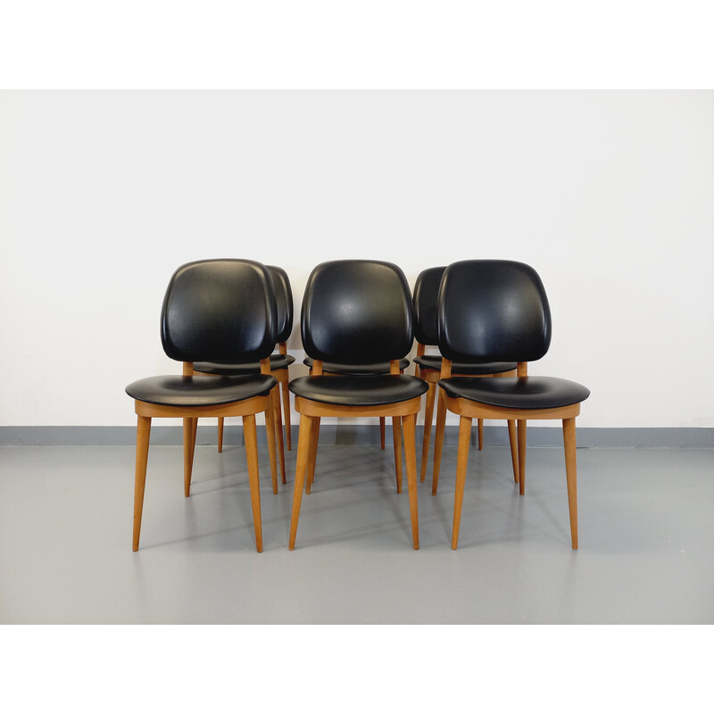 Set van 6 vintage Pegasus stoelen van hout en skai door Pierre Guariche, 1960