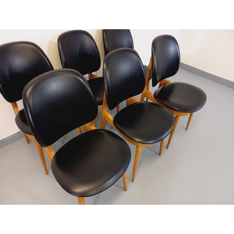 Set of 6 vintage Pegasus chairs in wood and leatherette by Pierre Guariche, 1960