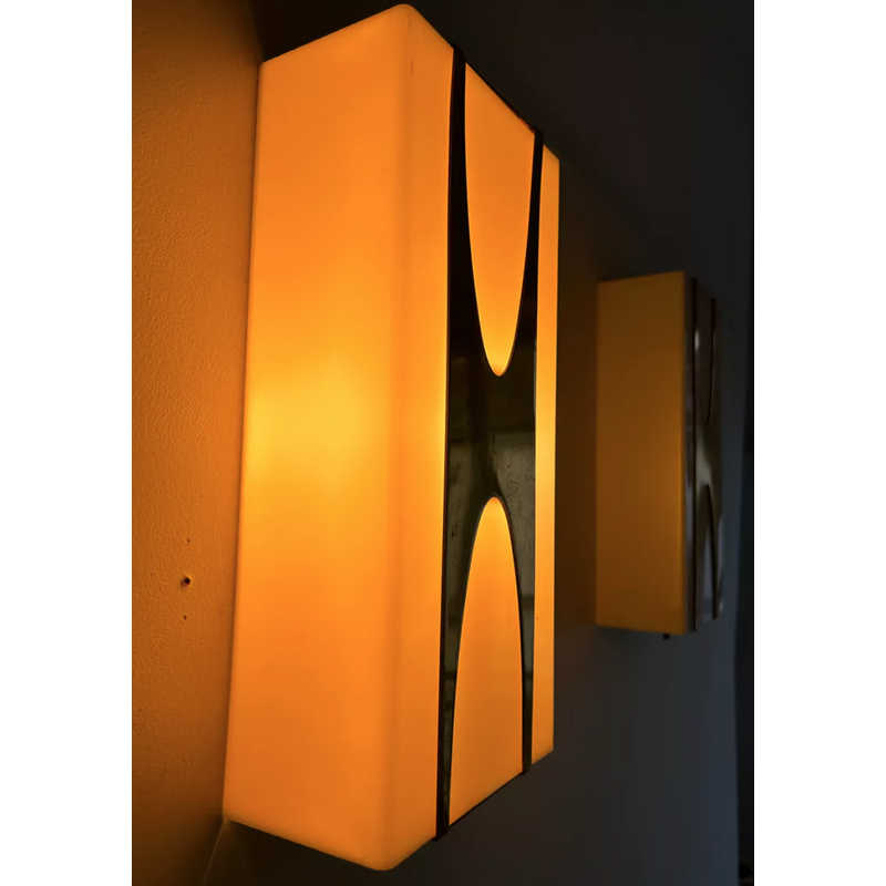 Pair of vintage brass and perspex wall lamps by Loewy for Hilton, France 1965