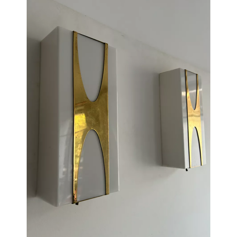 Pair of vintage brass and perspex wall lamps by Loewy for Hilton, France 1965
