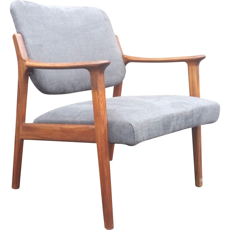 Danish mid century grey easy chair in teak and cotton - 1960s