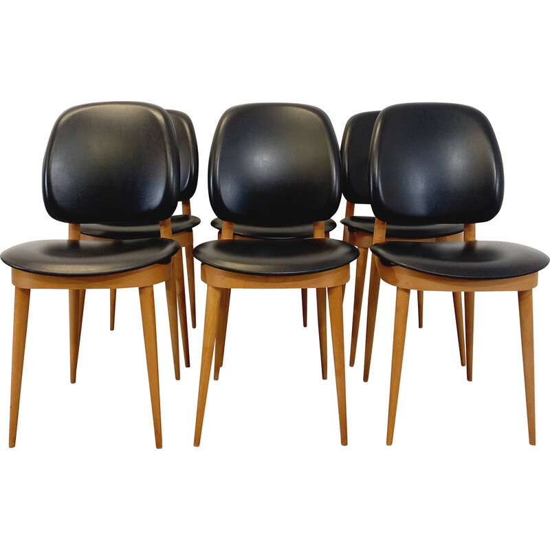 Conjunto de 6 cadeiras vintage Pegasus em madeira e skai de Pierre Guariche, 1960