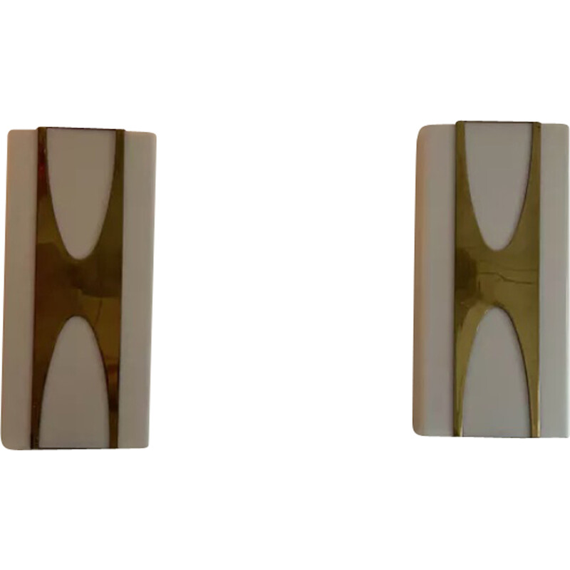 Pair of vintage brass and perspex wall lamps by Loewy for Hilton, France 1965