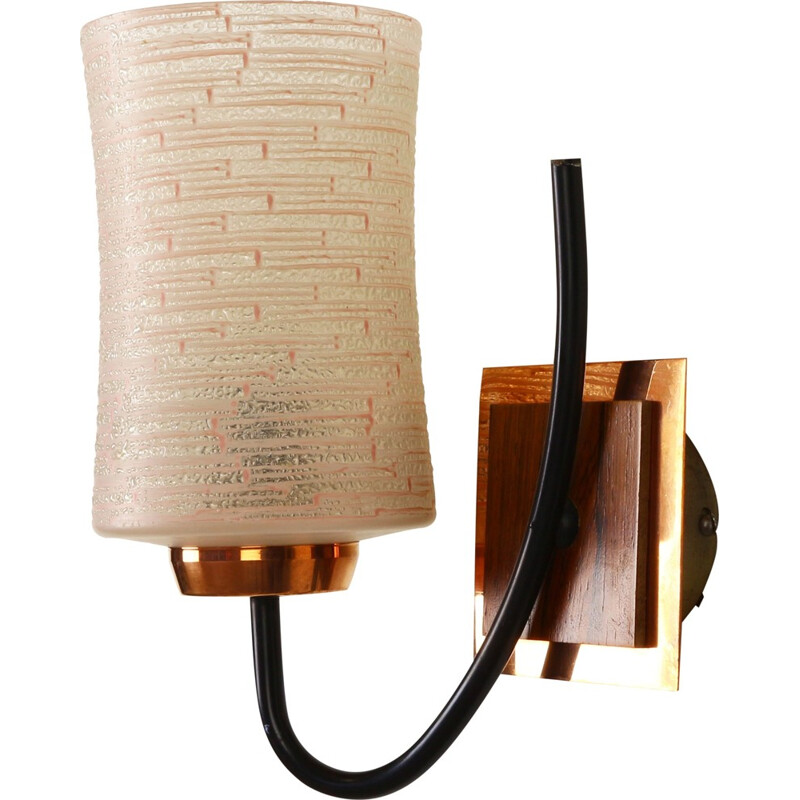 Pink relief glass wall light with copper and wooden details - 1960s