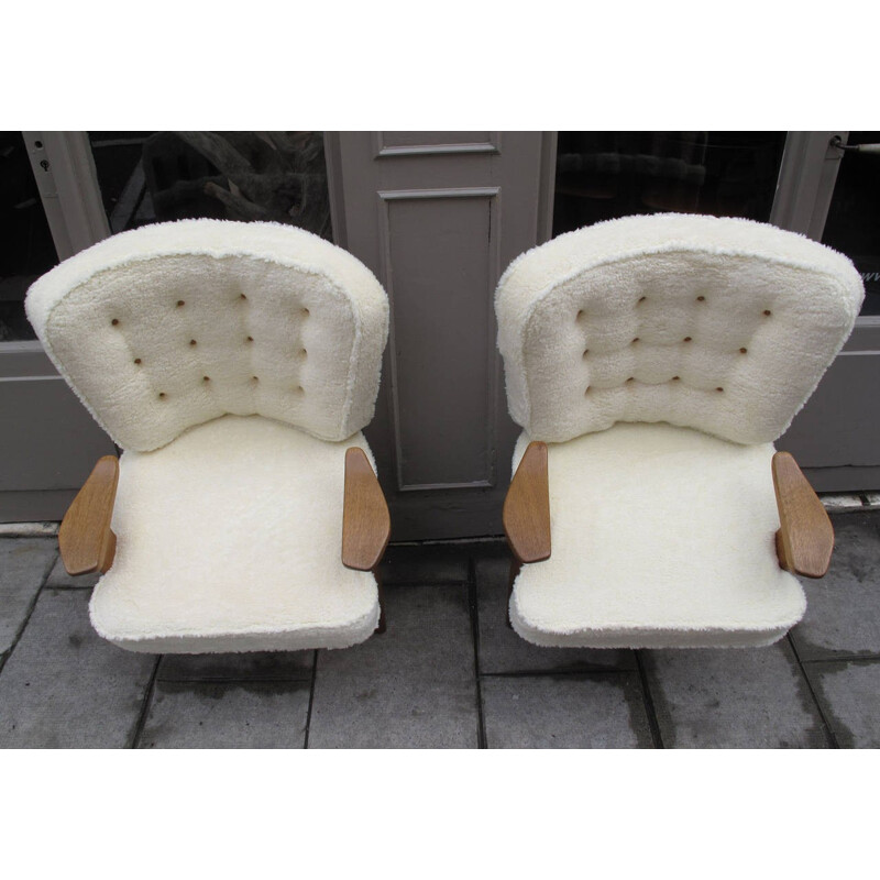 Pair of armchairs in oak and wool, Hervé CHAMBRON & Robert GUILLERME - 1950s