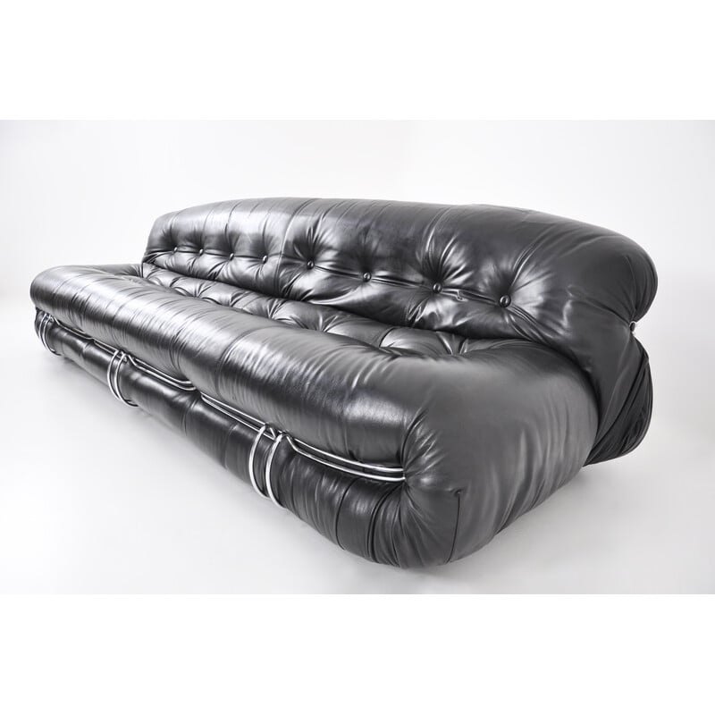 Vintage Soriana sofa in black leather by Afra and Tobia Scarpa for Cassina, 1970