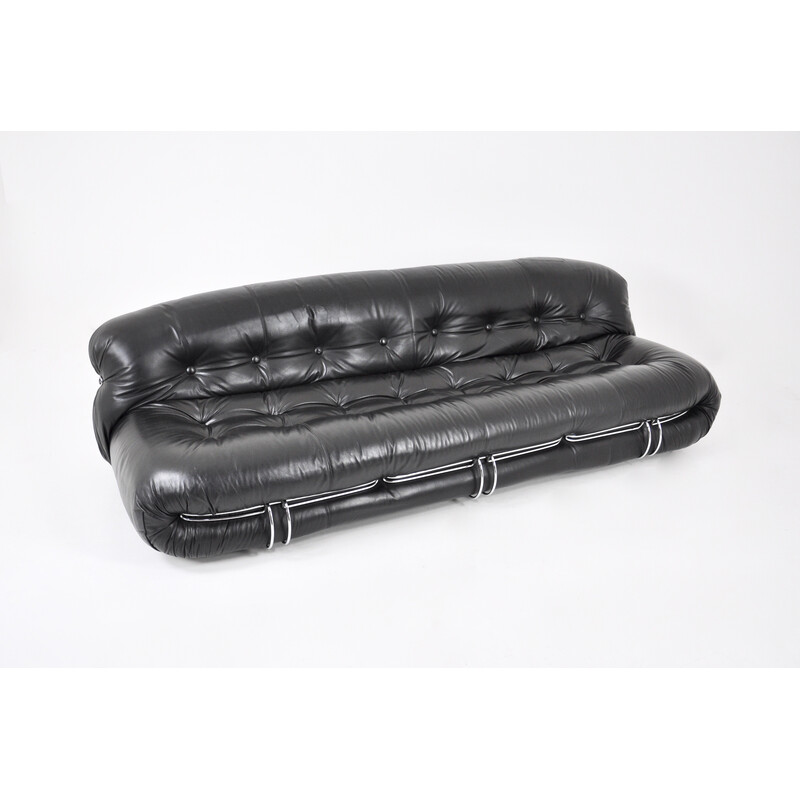 Vintage Soriana sofa in black leather by Afra and Tobia Scarpa for Cassina, 1970