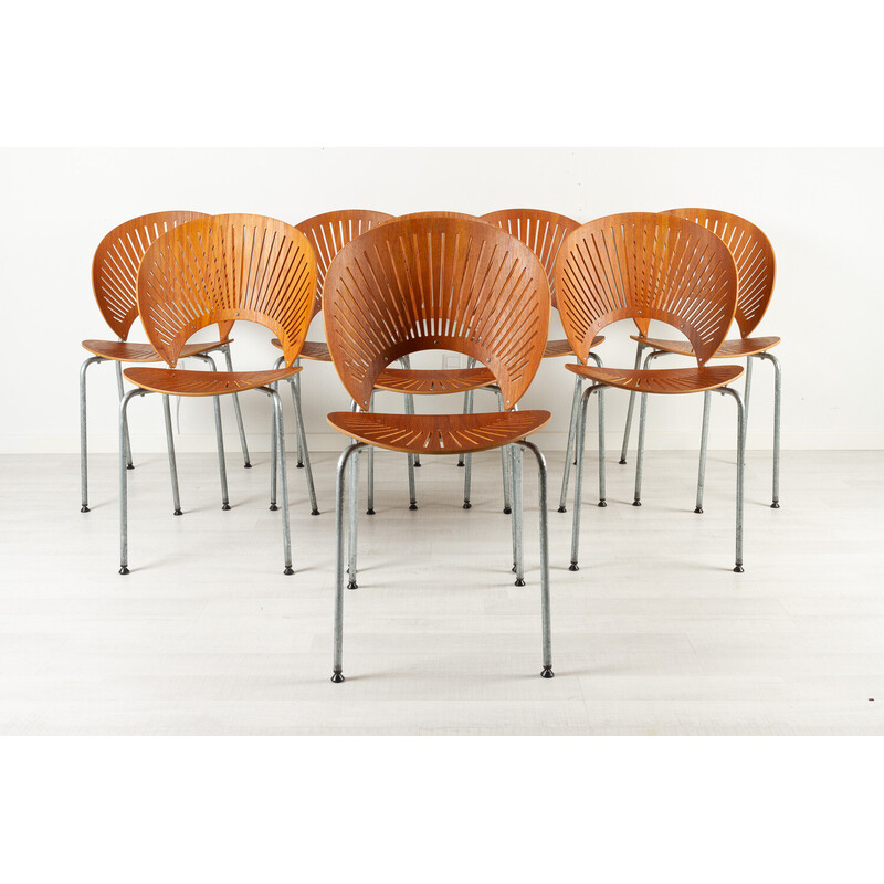 Set of 8 vintage Trinidad chairs in teak by Nanna Ditzel for Fredericia, Denmark 1990