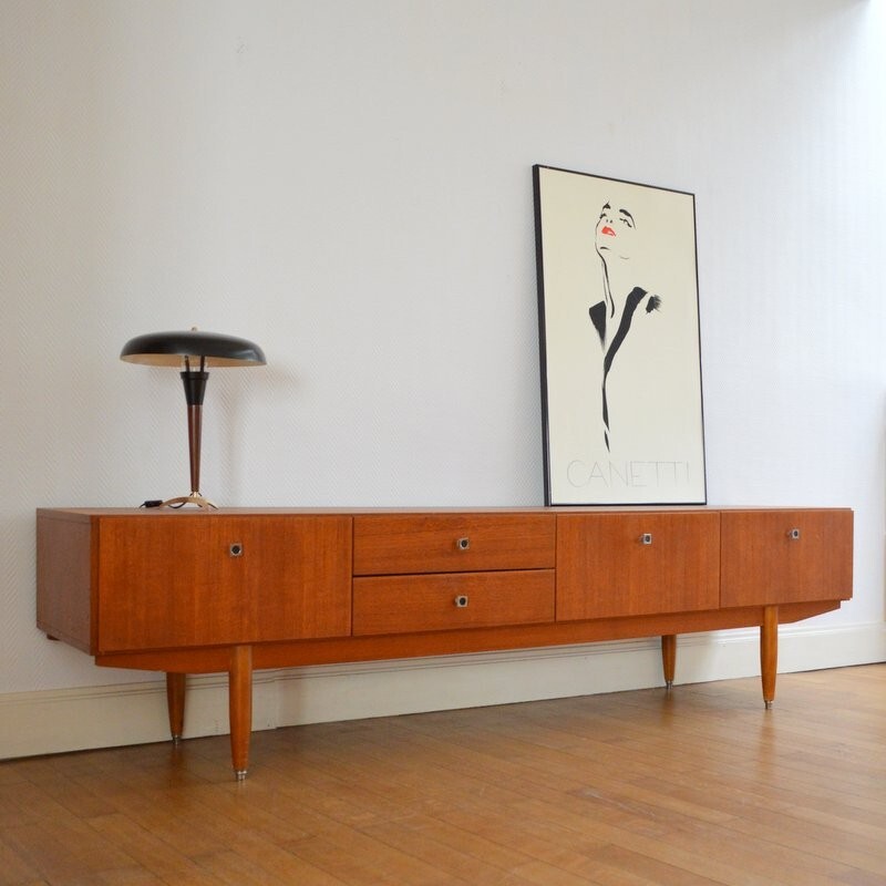 Mid century large teak sideboard with 2 drawers - 1950s