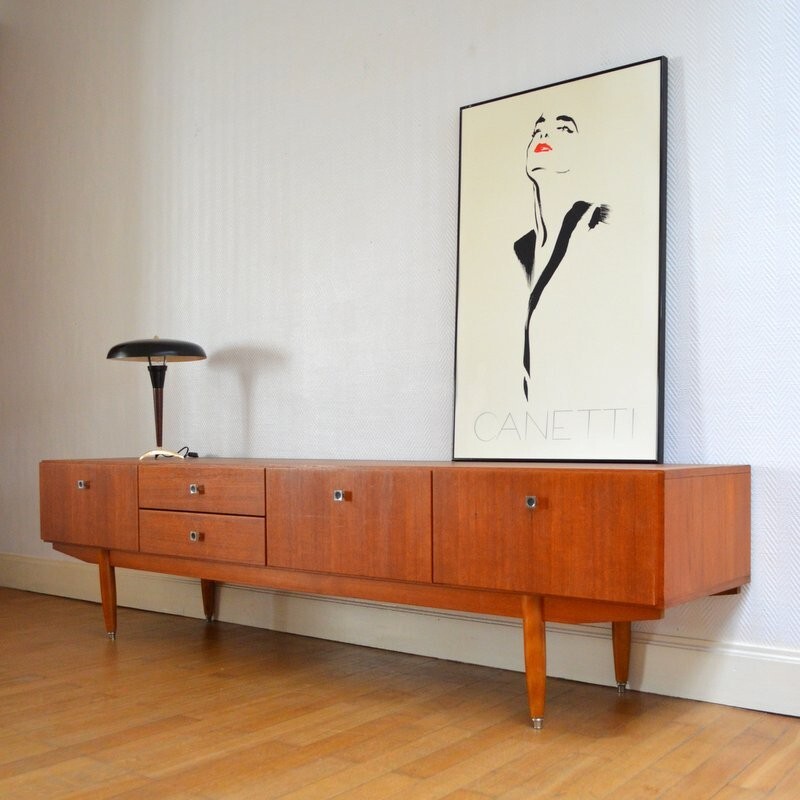 Mid century large teak sideboard with 2 drawers - 1950s