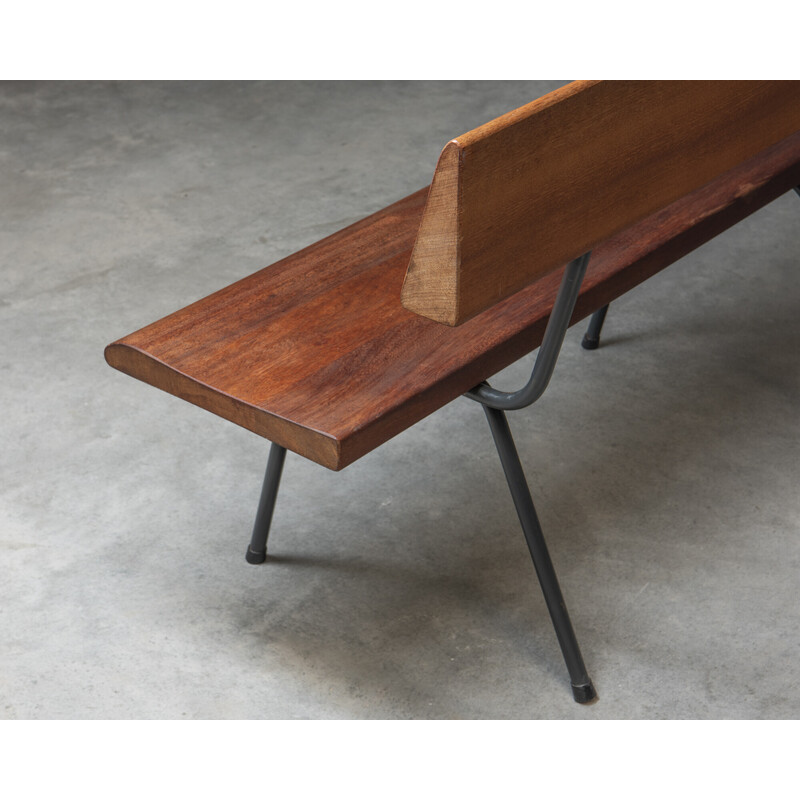 Vintage teak and steel bench, Netherlands 1950