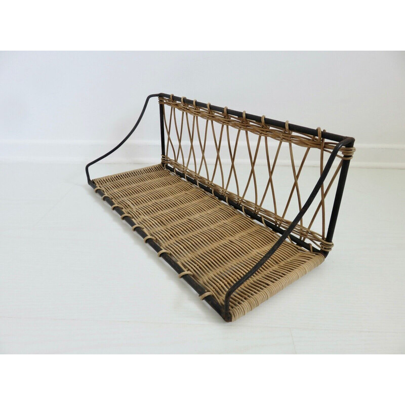 Vintage iron and rattan shelf by Raoul Guys, France 1960