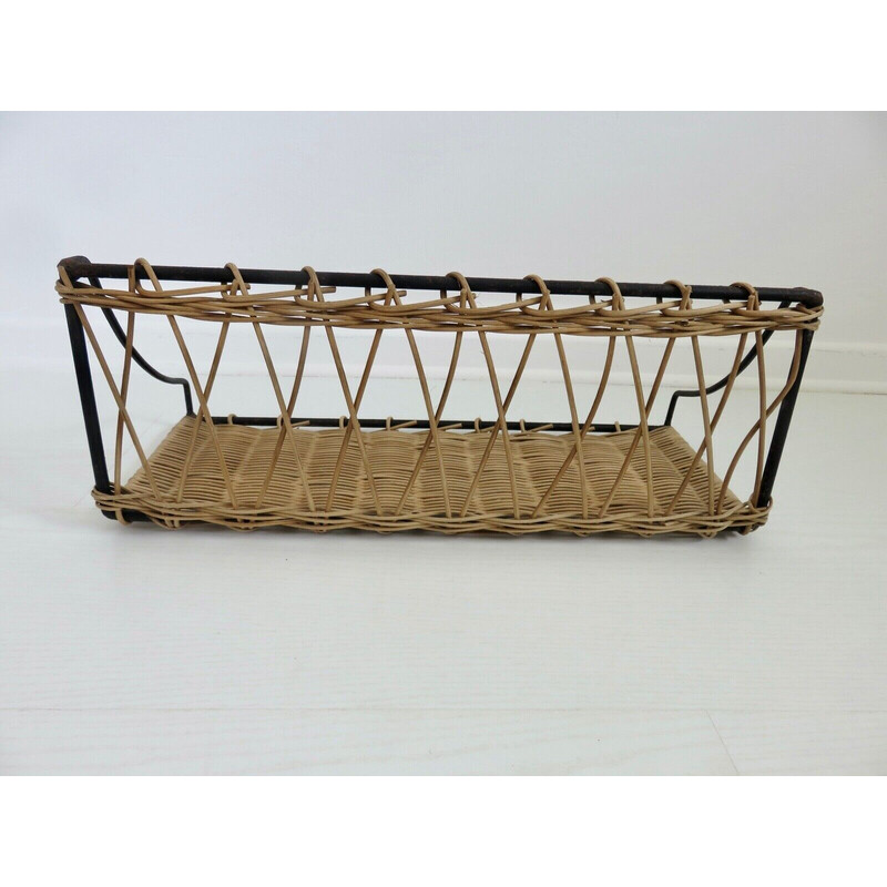 Vintage iron and rattan shelf by Raoul Guys, France 1960