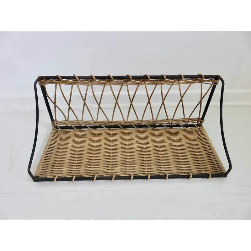 Vintage iron and rattan shelf by Raoul Guys, France 1960