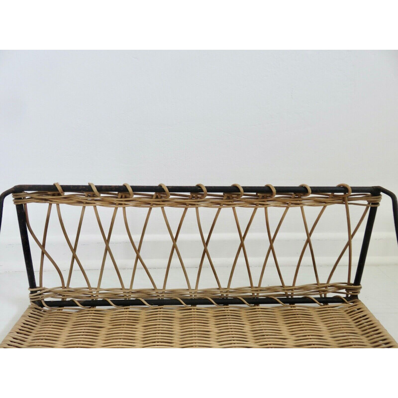 Vintage iron and rattan shelf by Raoul Guys, France 1960