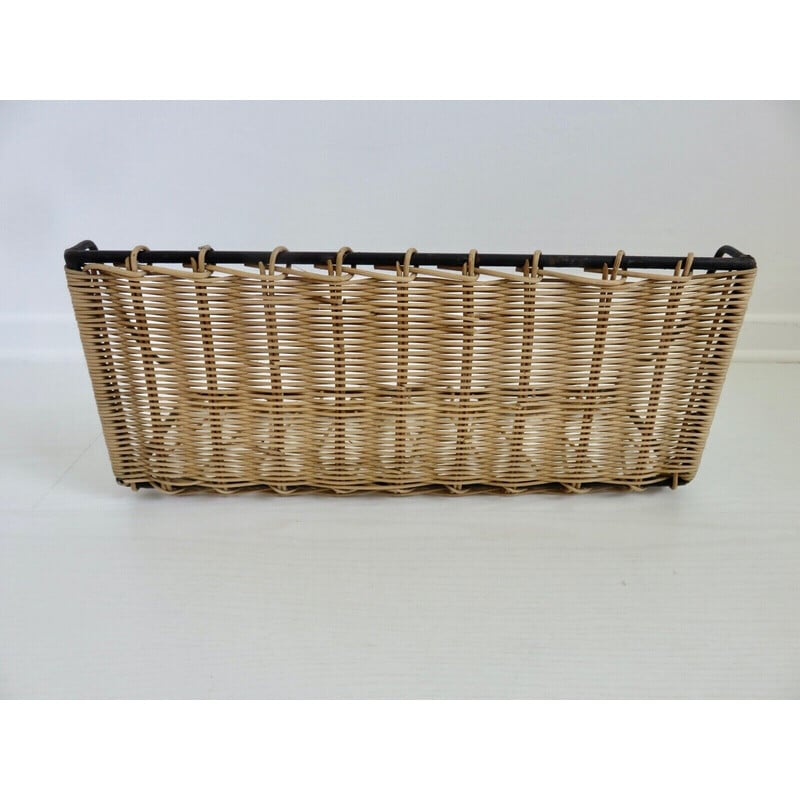 Vintage iron and rattan shelf by Raoul Guys, France 1960