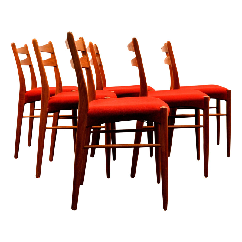 Ensemble de 6 chaises à repas scandinaves en teck - 1960