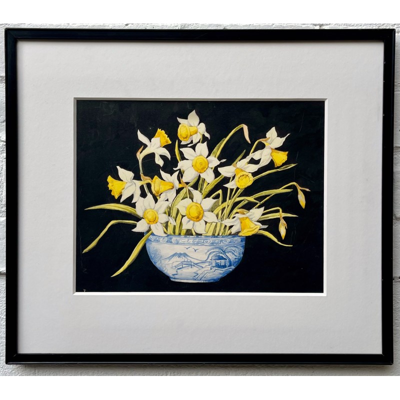 Vintage still life painting of daffodils, 1920