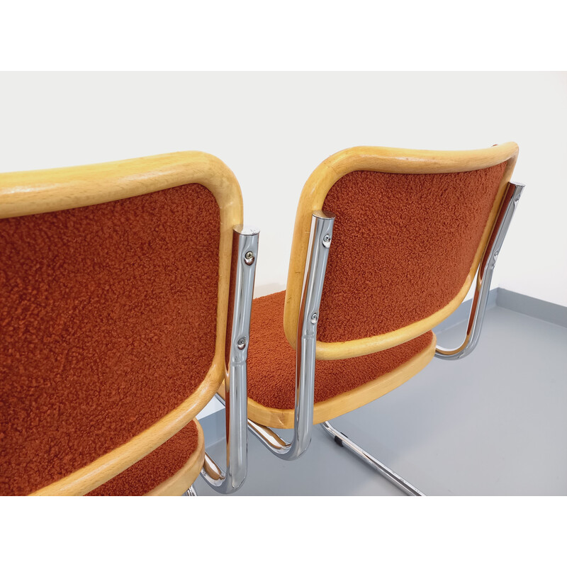 Pair of vintage chairs in chromed metal, wood and curly fabric by Marcel Breuer