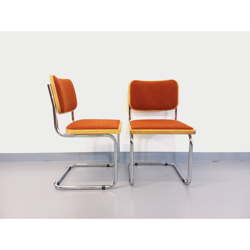 Pair of vintage chairs in chromed metal, wood and curly fabric by Marcel Breuer