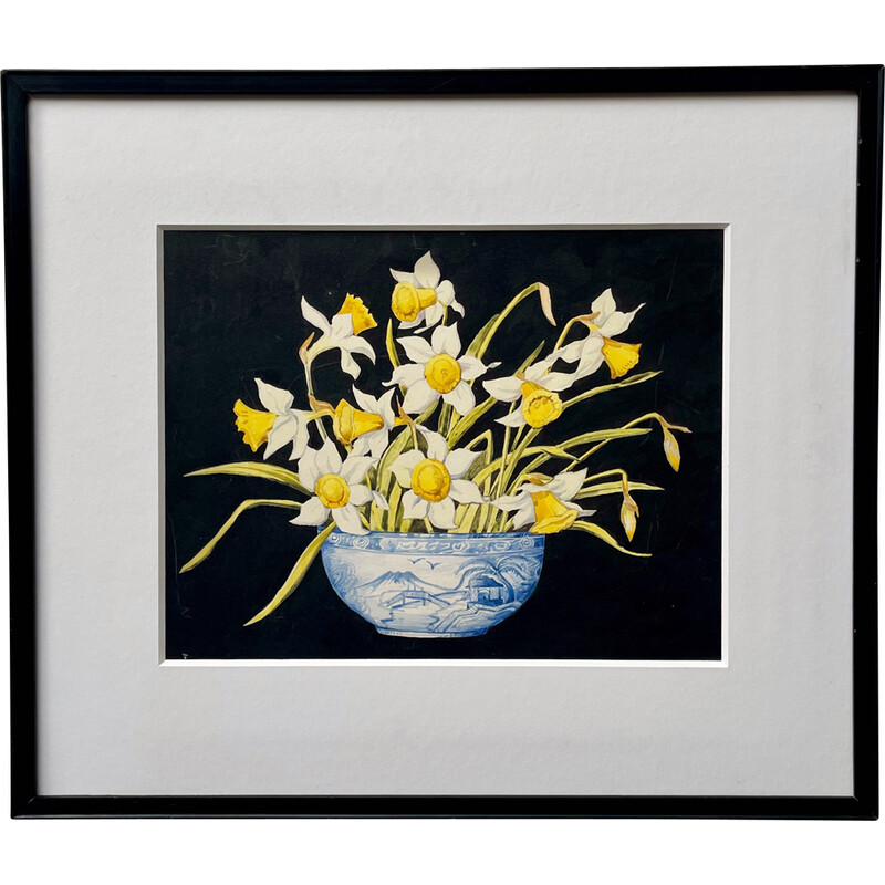 Vintage still life painting of daffodils, 1920