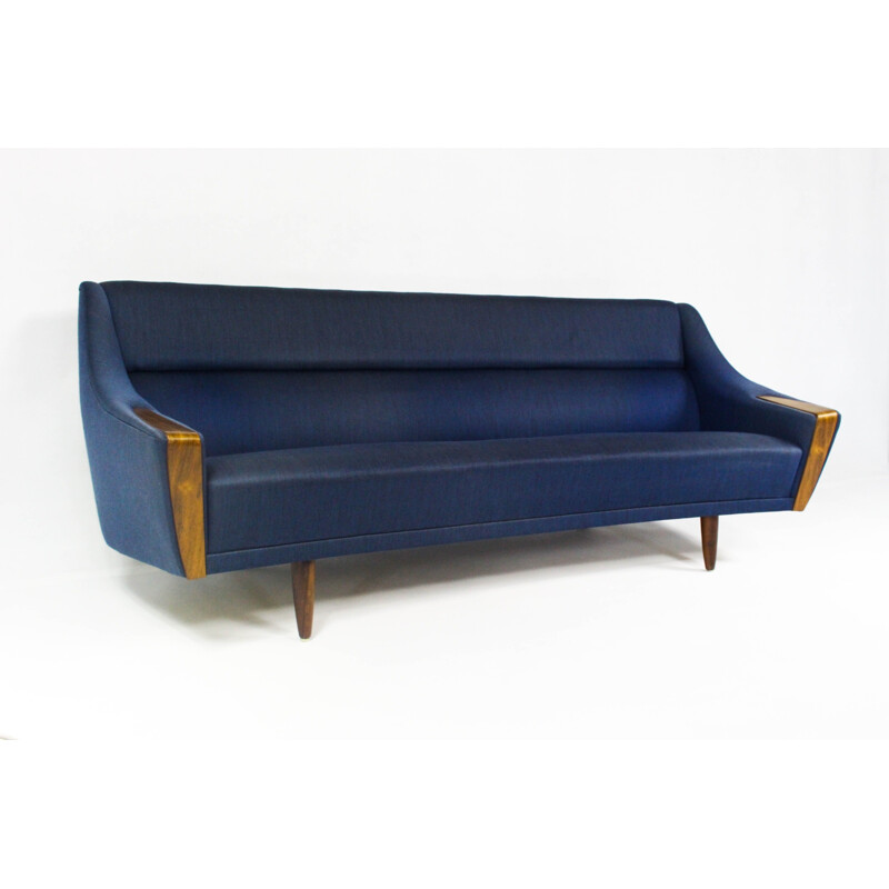 Curved mid century blue sofa in rosewood - 1960s