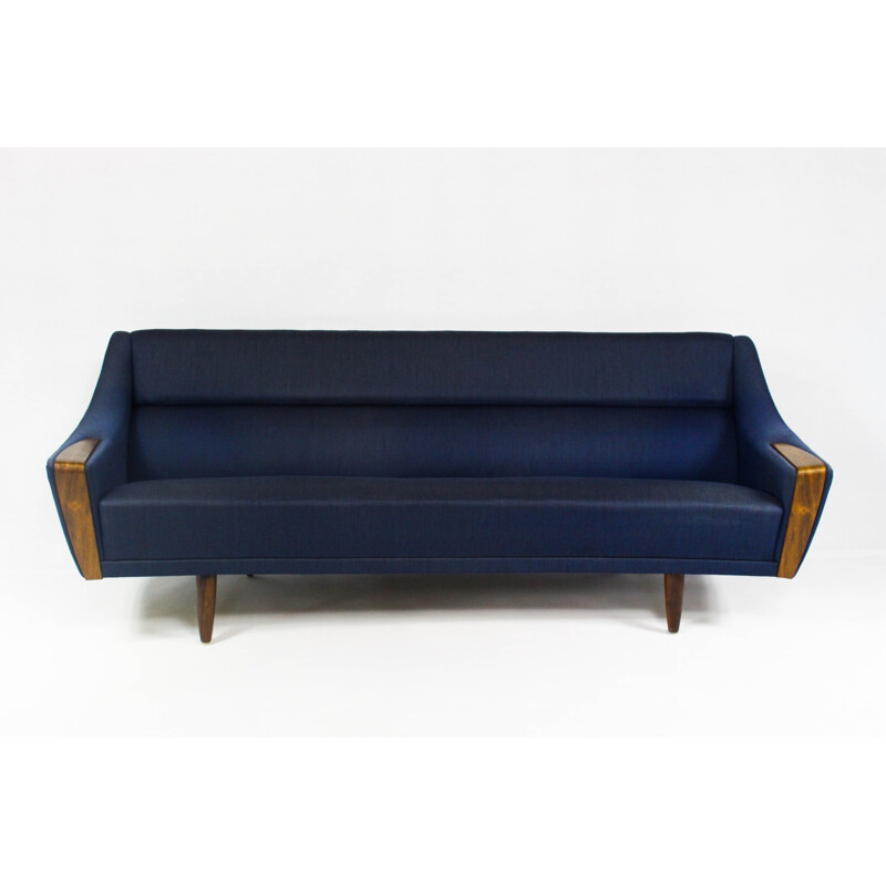 Curved mid century blue sofa in rosewood - 1960s