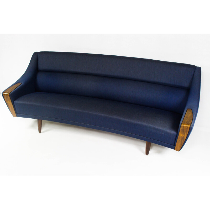 Curved mid century blue sofa in rosewood - 1960s