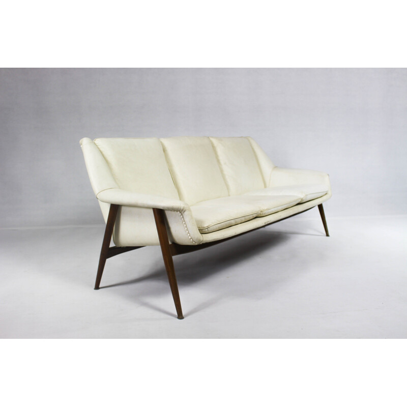 3-seater white leather sofa in teak and leather - 1950s