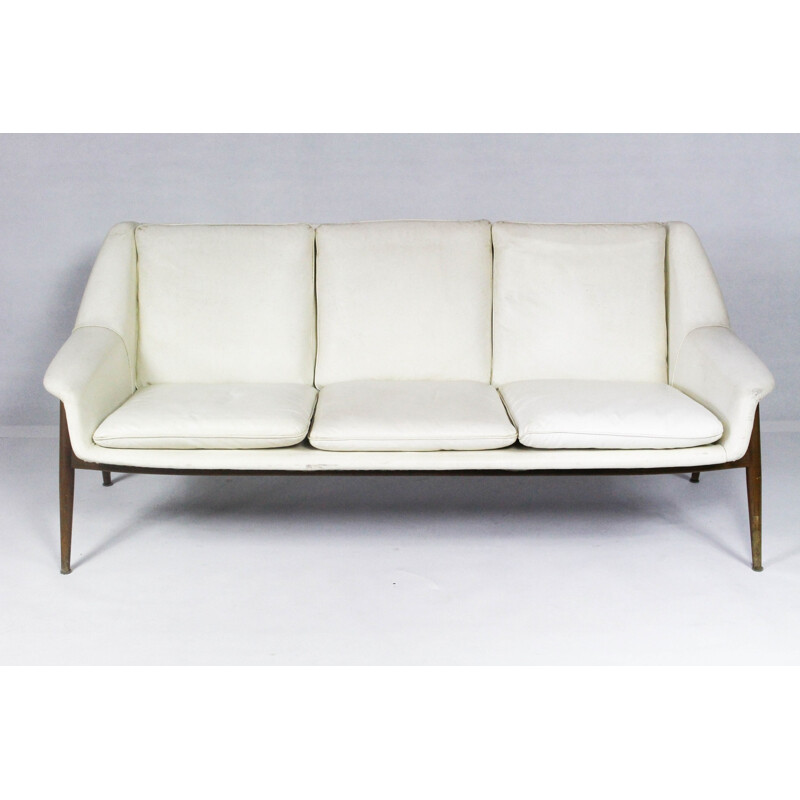 3-seater white leather sofa in teak and leather - 1950s
