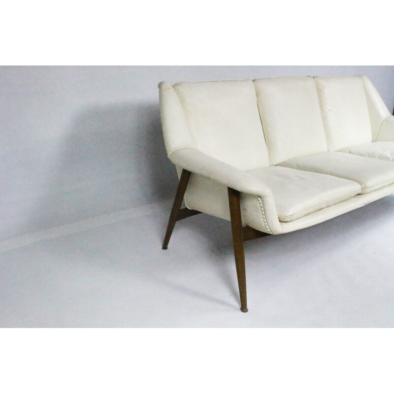 3-seater white leather sofa in teak and leather - 1950s