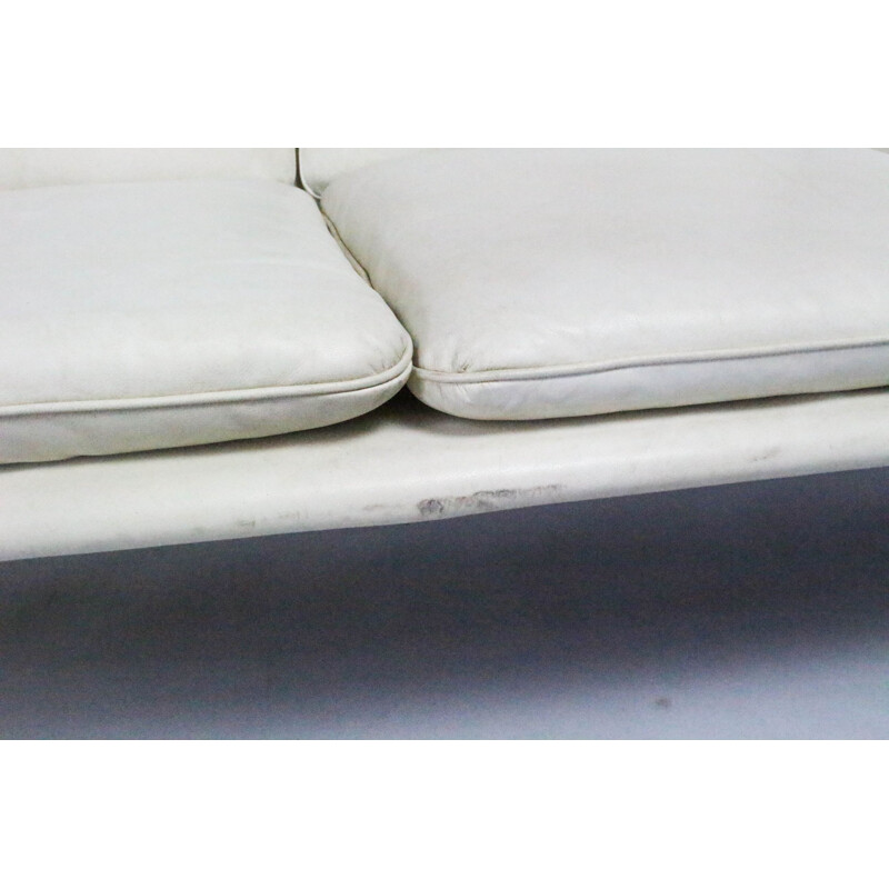Canapé blanc à 3 places en cuir et en teck  - 1950