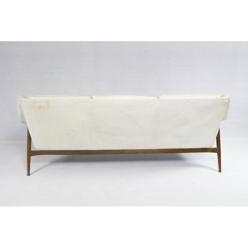 Canapé blanc à 3 places en cuir et en teck  - 1950