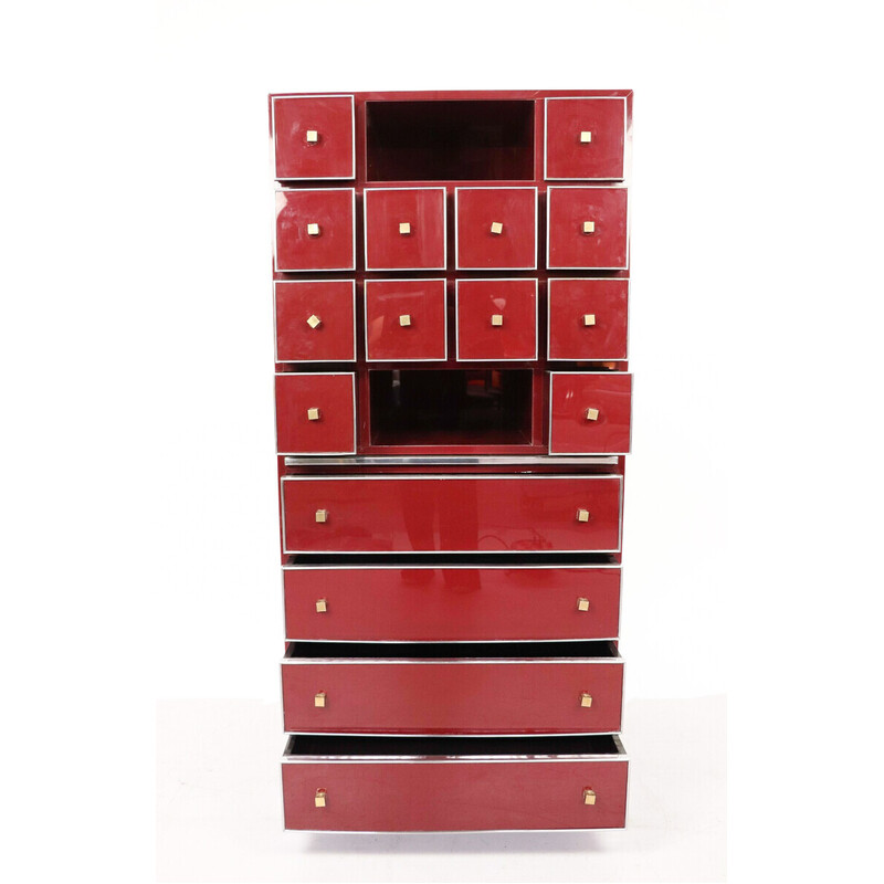 Vintage red secretary in brass, chrome and lacquer by Michel Pigneres, France 1970