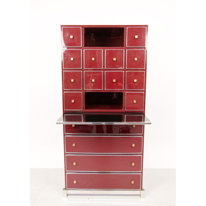 Vintage red secretary in brass, chrome and lacquer by Michel Pigneres, France 1970