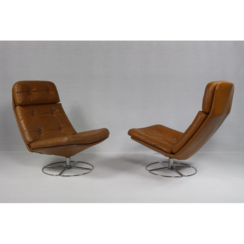 Paire de fauteuils lounge danois en cuir brun clair - 1970