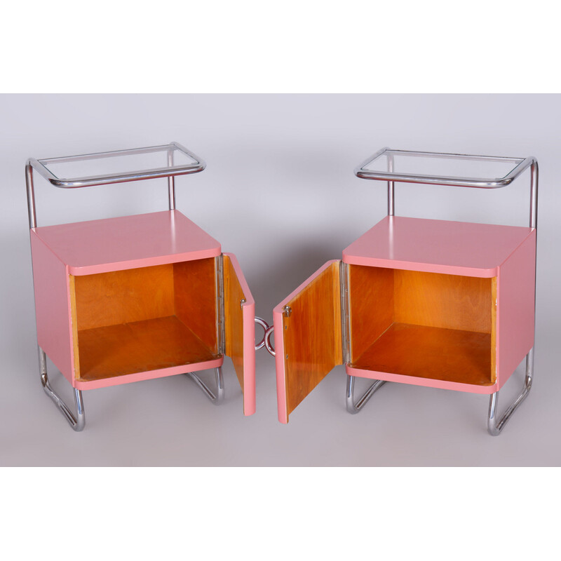 Pair of vintage Bauhaus night stands in chromed steel, glass and wood, Czechoslovakia 1940