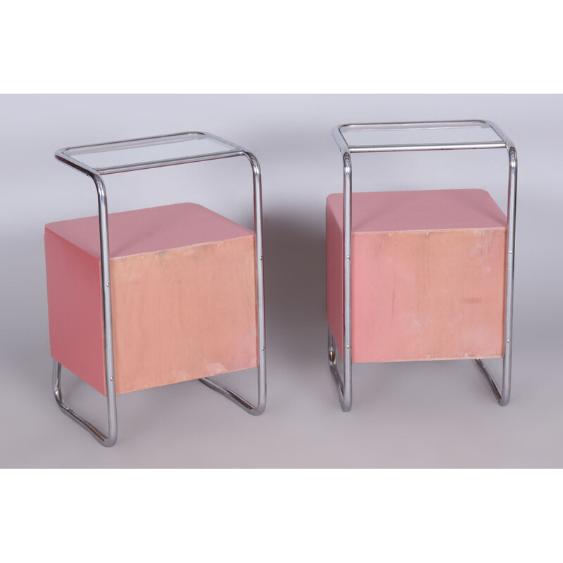 Pair of vintage Bauhaus night stands in chromed steel, glass and wood, Czechoslovakia 1940